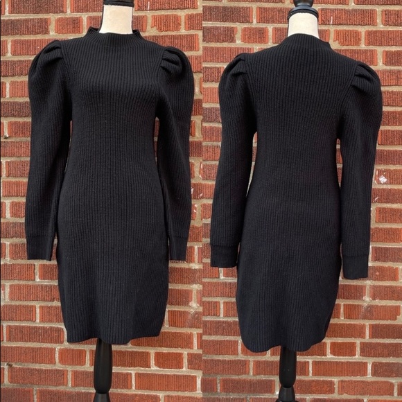 NWT Sandro Androsace Ribbed Wool Puff Sleeve Sweater Dress In Black - Picture 4 of 6